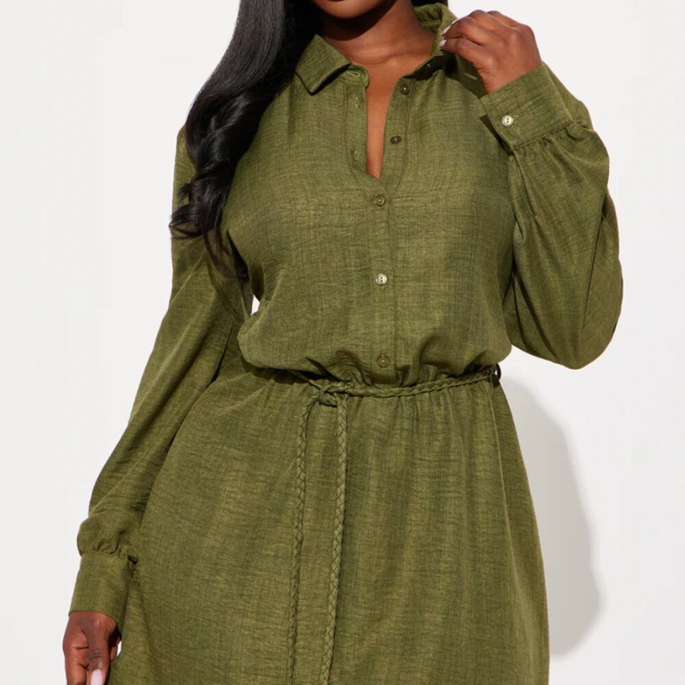 Julia Belted Linen Mini Dress - Olive in 1X - Picture 2 of 3